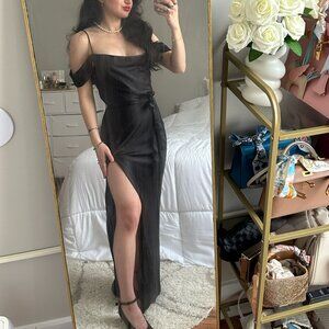 Meshki Mariposa Black Satin Off the Shoulder Gown